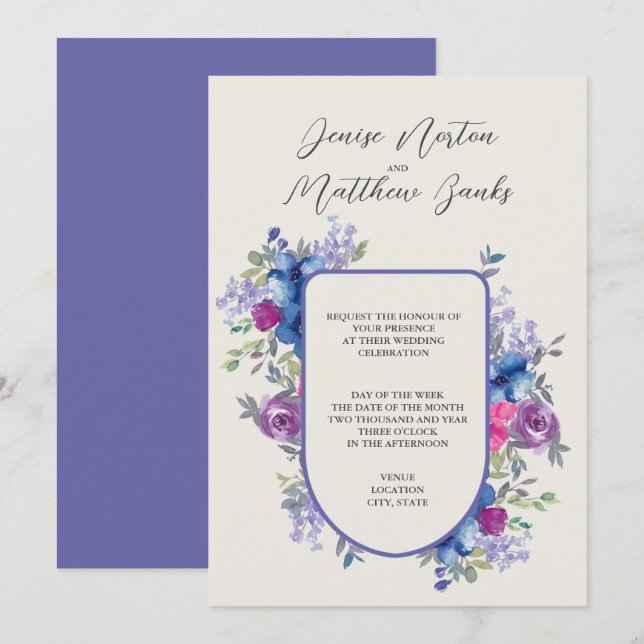 Convite de Casamento Muito Azul-Pervinca e Branco  (Frente/Verso)