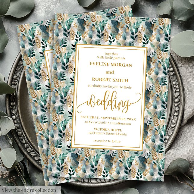 Convite de casamento na moda Hunter Verde Dourado  (Stylish Hunter Green Gold Greenery Wedding Invitation)
