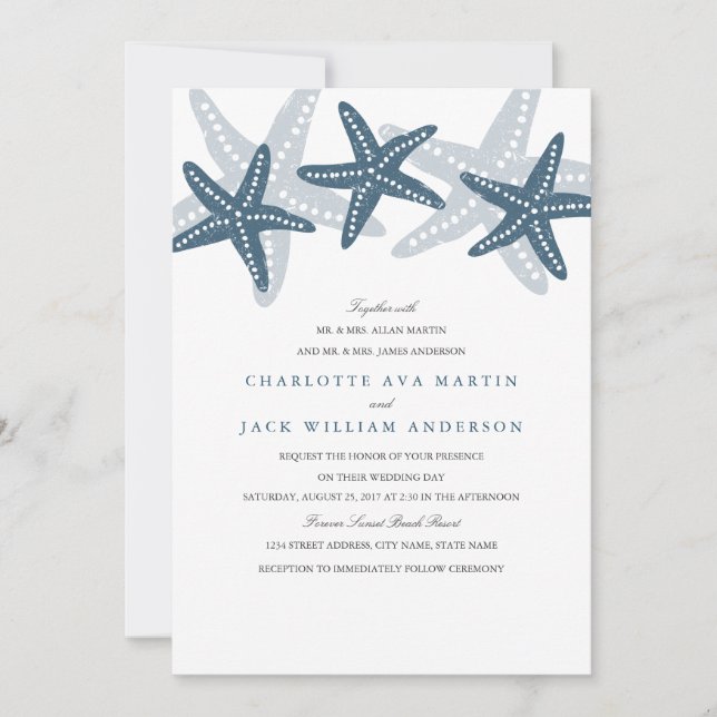Convite de Casamento na Praia Blue Starfish (Frente)