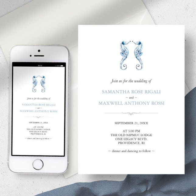Convite de Casamento na Praia com Código QR Azul (Beach wedding invitation dusty blue seahorse watercolor art by Victoria Grigaliunas)