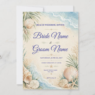 Convite de Casamento na Praia com Conchas em Aquar