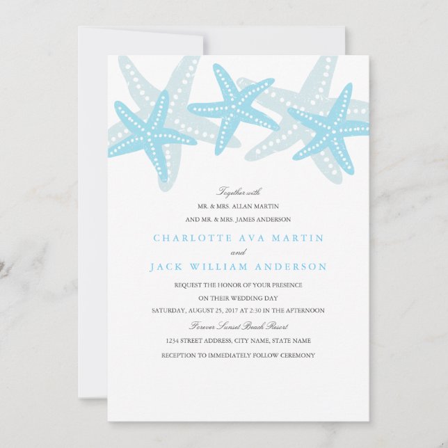 Convite de Casamento na Praia com Estrela-do-Mar A (Frente)