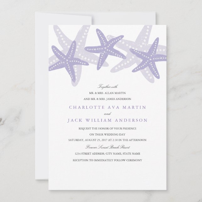 Convite de Casamento na Praia com Estrela-do-Mar R (Frente)