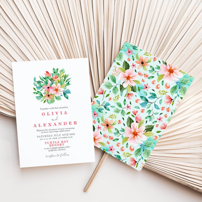 Convite de casamento na praia com flores tropicais (Criador carregado)