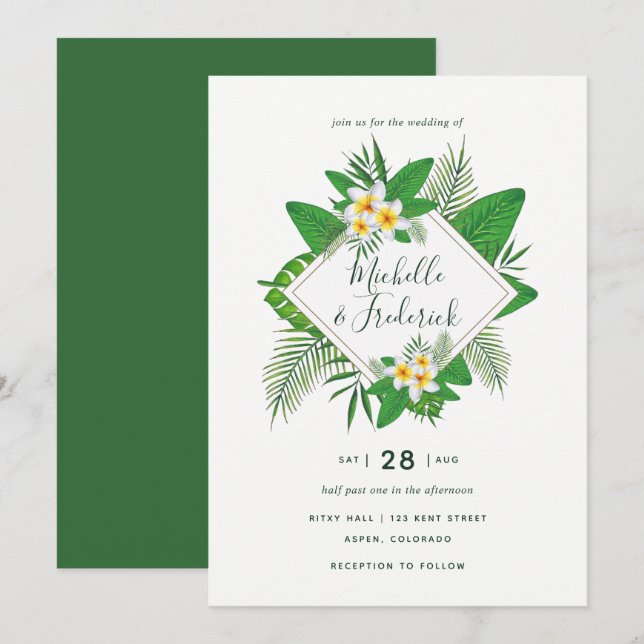 Convite de casamento na praia com folhagem tropica (Frente/Verso)