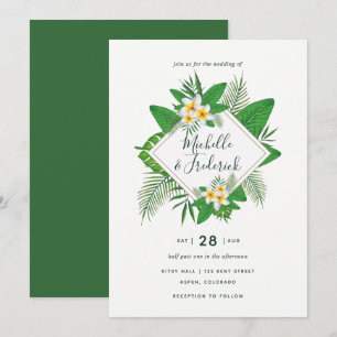 Convite de casamento na praia com folhagem tropica