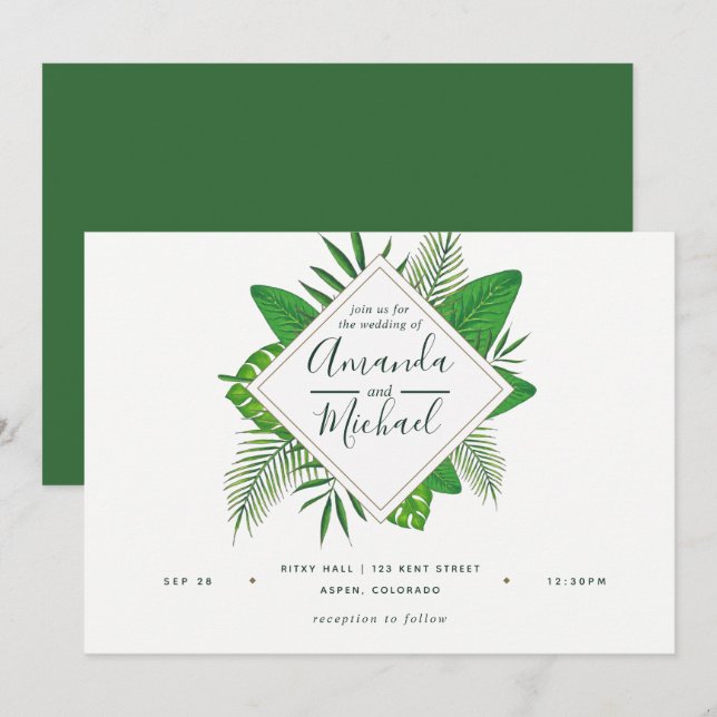 Convite de Casamento na Praia com Folhas Tropicais (Frente/Verso)