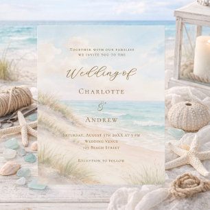 Convite de casamento na praia com oceano costeiro