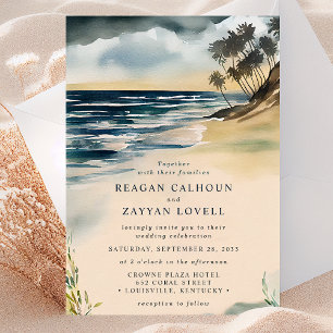 Convite de Casamento na Praia com Palmeira em Aqua