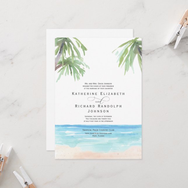 Convite de Casamento na Praia com Palmeiras Tropic (Frente/Verso In Situ)