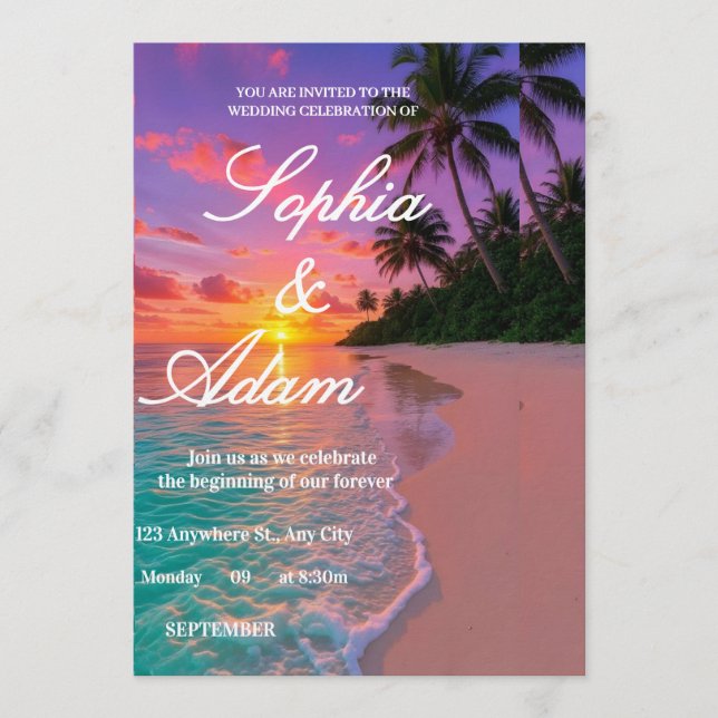 Convite de Casamento na Praia do Pôr do Sol (Frente)