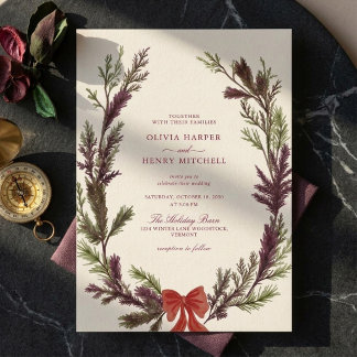 Convite de Casamento Natalino Elegante Folhagem Ve