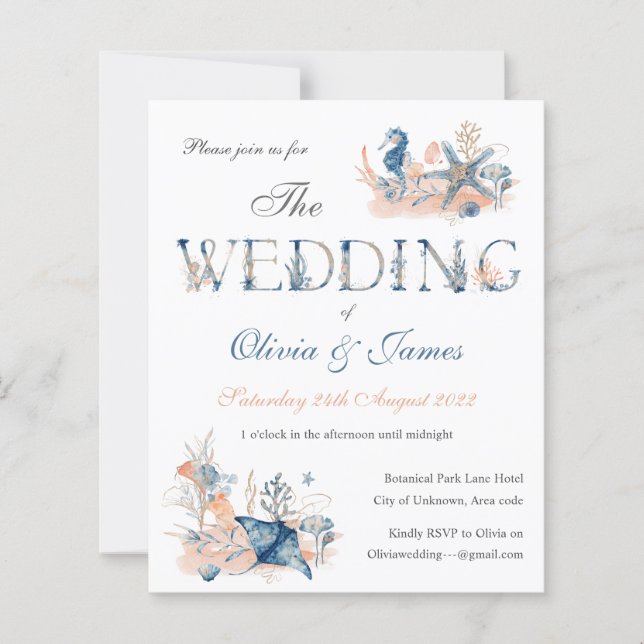 Convite de casamento náutico azul-aquarela (Frente)