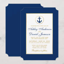 Convite de Casamento Náutico Azul e Dourado