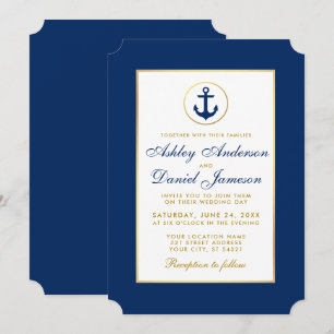 Convite de Casamento Náutico Azul e Dourado