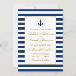 Convite de Casamento Náutico Azul Listras Douradas