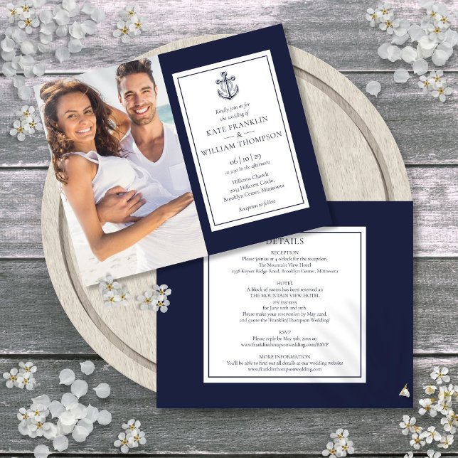 Convite de Casamento Náutico com Foto Tudo em Um O (Budget All In One Nautical Photo Wedding Invite)