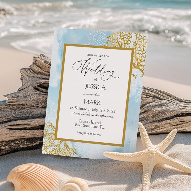 Convite de Casamento Náutico em Aquarela com Coral (Criador carregado)