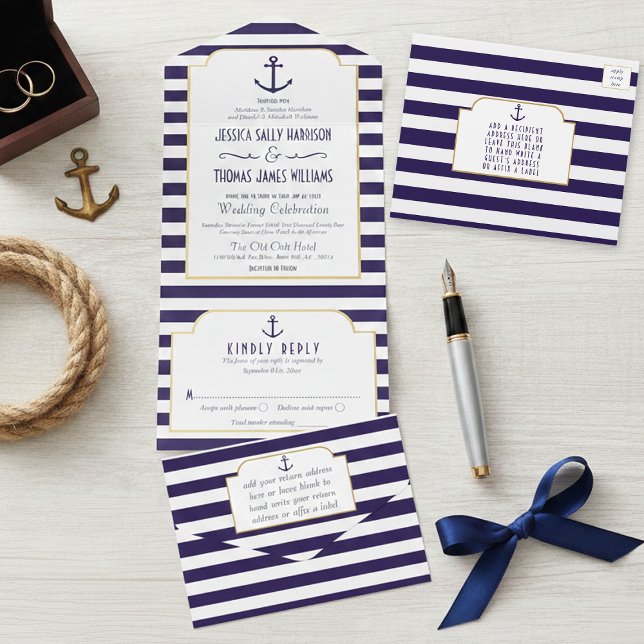 Convite de Casamento Náutico Marinha e Âncora com  (Criador carregado)
