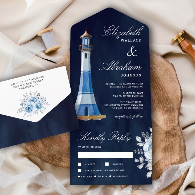 Convite de casamento naval azul marinho Farol Aqua (Criador carregado)