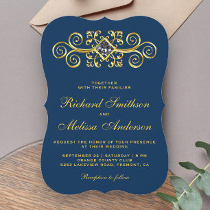Convite de Casamento Navy Blue Gold Flourish