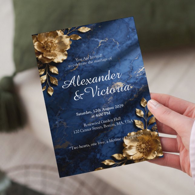 Convite de Casamento Navy Blue Gold Marble (Criador carregado)