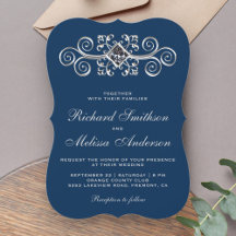 Convite de Casamento Navy Blue Silver Flourish