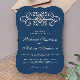Convite de Casamento Navy Blue Silver Flourish