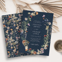 Convite de Casamento Navy Blue Wildflower
