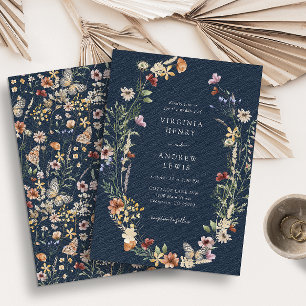 Convite de Casamento Navy Blue Wildflower