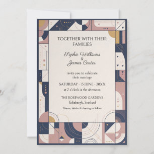 Convite de Casamento Navy Blush Art Déco Geométric