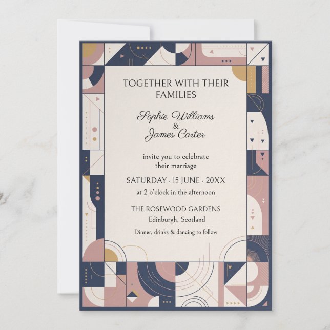 Convite de Casamento Navy Blush Art Déco Geométric (Frente)