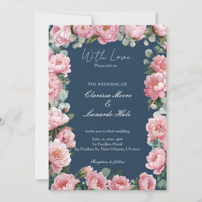 Convite de Casamento Navy Blush Peony Eucalyptus (Frente)