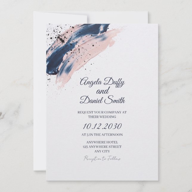 Convite de Casamento Navy Blush Pincelada (Frente)