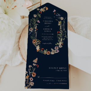 Convite de Casamento Navy Boho Floral Tudo em Um