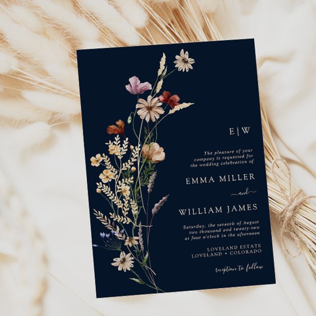 Convite de Casamento Navy Boho Flores Silvestres (Navy Blue Boho Wildflowers Wedding Invitation Monogram by Painted Paperie
)