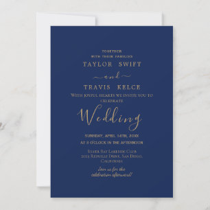 Convite de Casamento Navy com Caligrafia Dourada