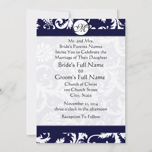 Convite de Casamento Navy Damask Swirls (Frente)