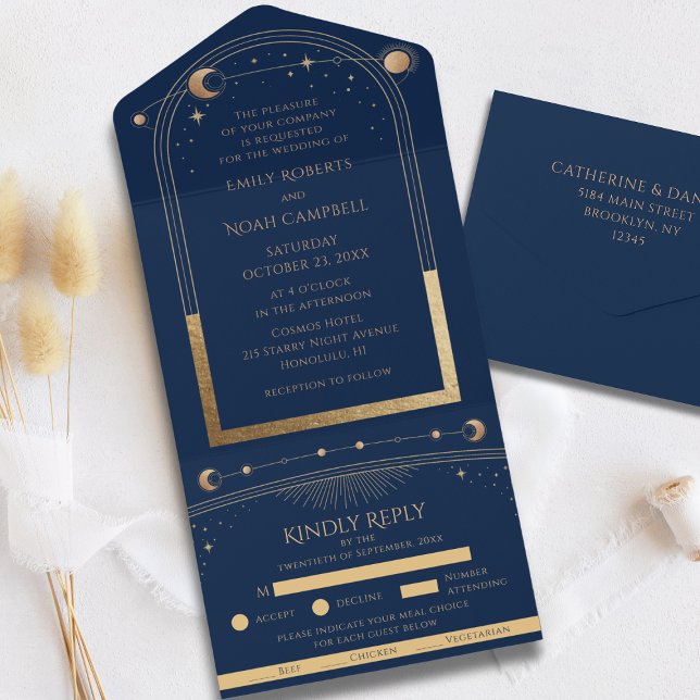 Convite de Casamento Navy Dourado Sol Lua Estrelas (Criador carregado)