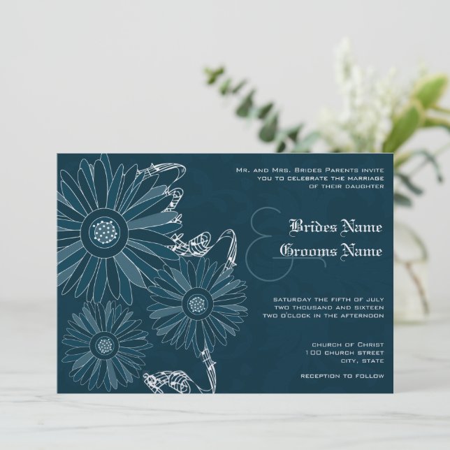 Convite de Casamento Navy Gerber Daisy (Em pé/Frente)