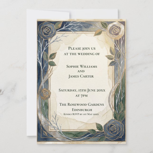 Convite de Casamento Navy Gold Art Nouveau (Frente)