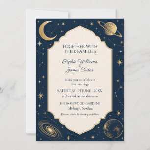 Convite de Casamento Navy Gold Celestial Galaxy