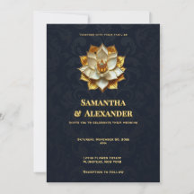Convite de Casamento Navy Gold Lotus Elegante