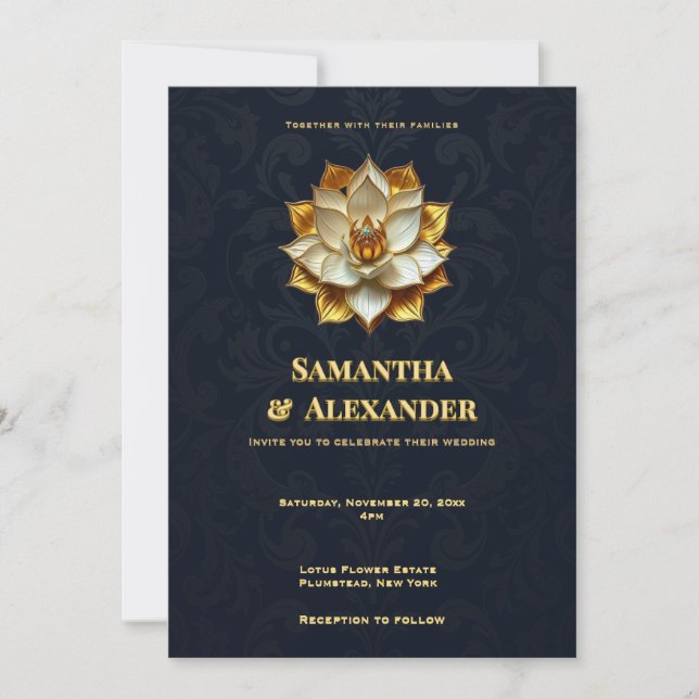 Convite de Casamento Navy Gold Lotus Elegante (Frente)