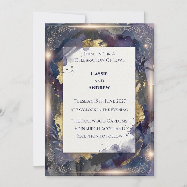 Convite de Casamento Navy Gold Sparkle Ornate Fram (Frente)