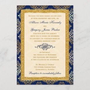 Convite de Casamento Navy, Marfim, Brilho Dourado,