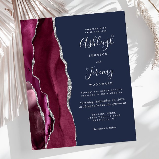 Convite de Casamento Navy Prata Ágata Borgonha Orç (Criador carregado)