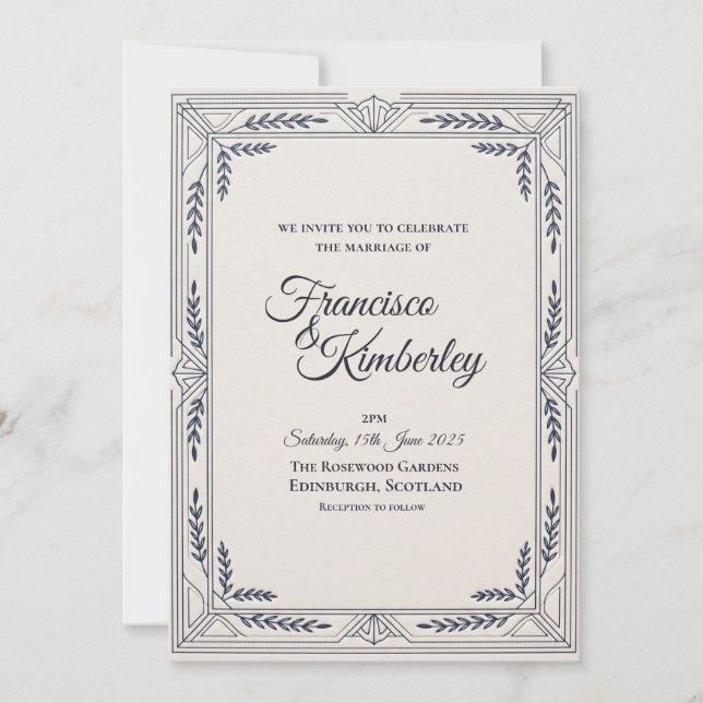 Convite de Casamento Navy Silver Art Deco (Frente)
