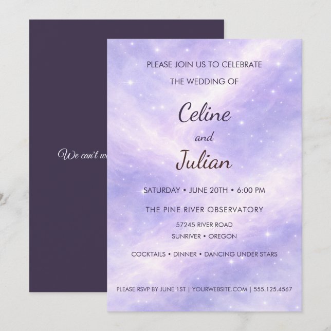 Convite de Casamento Nebulosa Lavanda Celestial So (Frente/Verso)