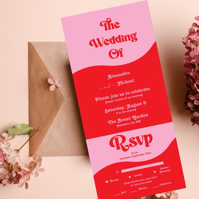 Convite de Casamento Neon Rosa e Vermelho Retro do (Criador carregado)